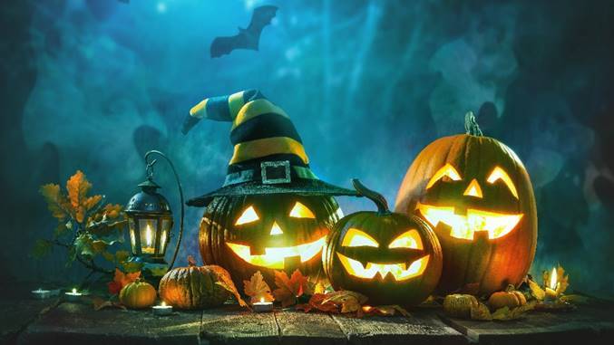 spooky Image of carved pumpkins, one in a witches hat